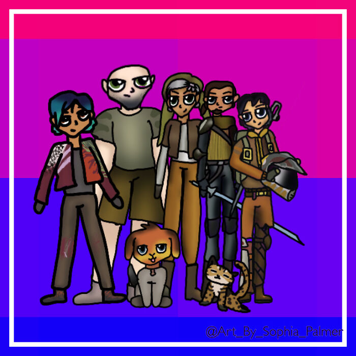 Not Stictly Lgbtq+ But It’s A Modern Au Of The Characters From Star Wars Rebles With A Bi Flag Inspired Background