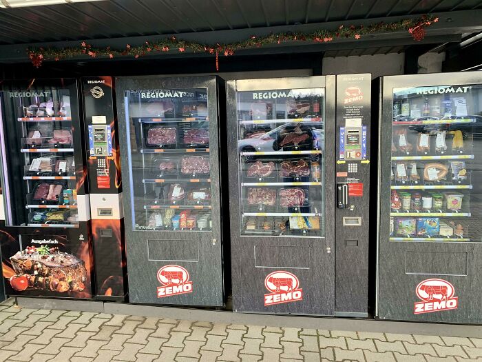 My Village Butcher In Germany Has Meat Vending Machines. They Are Stocked With Meat, Sides, Drinks, Toys, And Even Condoms