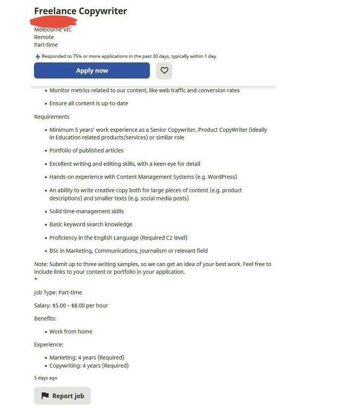 Job Wanted: Minimum 5 Years Experience And A List Of Requirements That Would Have Cost A Lot Of Time And Money Into Developing. Payment: Lol