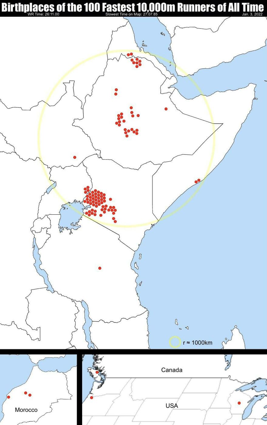 Birthplaces Of The 100 Fastest 10,000m Runners Of All Time