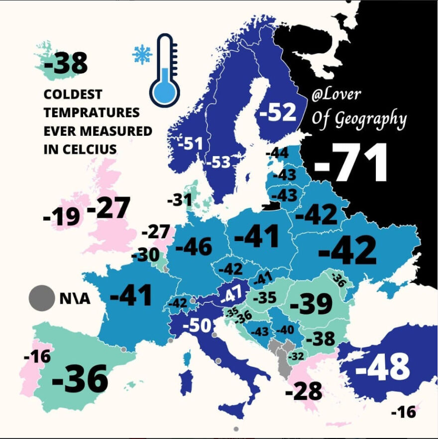 Map Presenting Coldest Temperatures Ever Measured In Celcius...