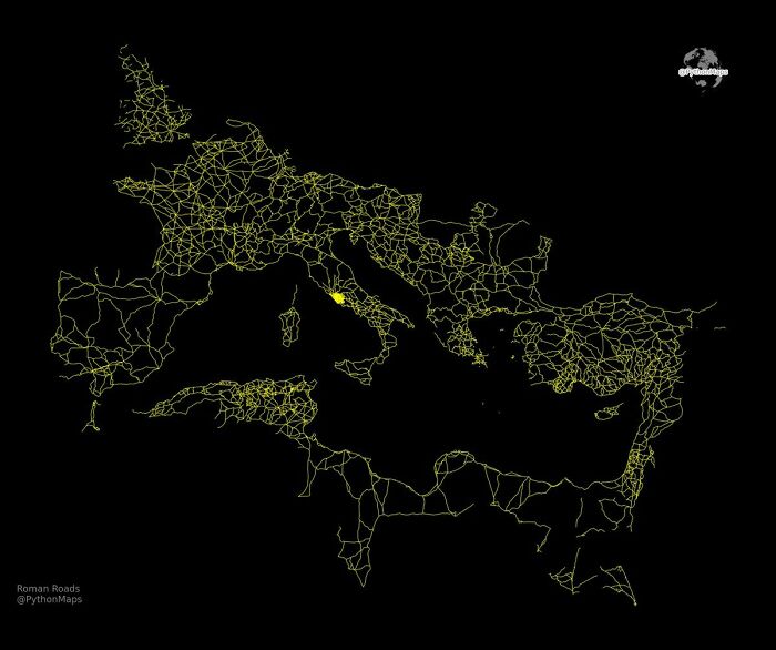 Mapa con todas las carreteras famosas que construyó el Imperio romano. Todos los caminos llevan a Roma