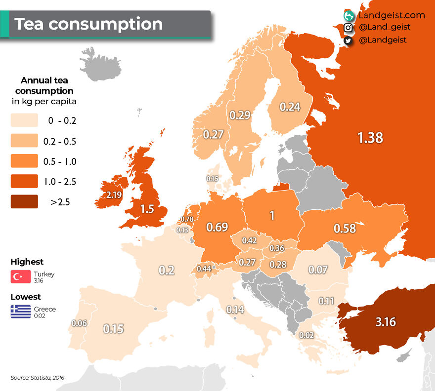 Annual Tea Consumption Pro Capita In Europe. Source: Landgeist