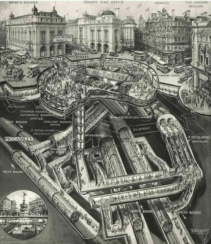 Mapa de la estación de metro Piccadilly en Londres, construida en 1819