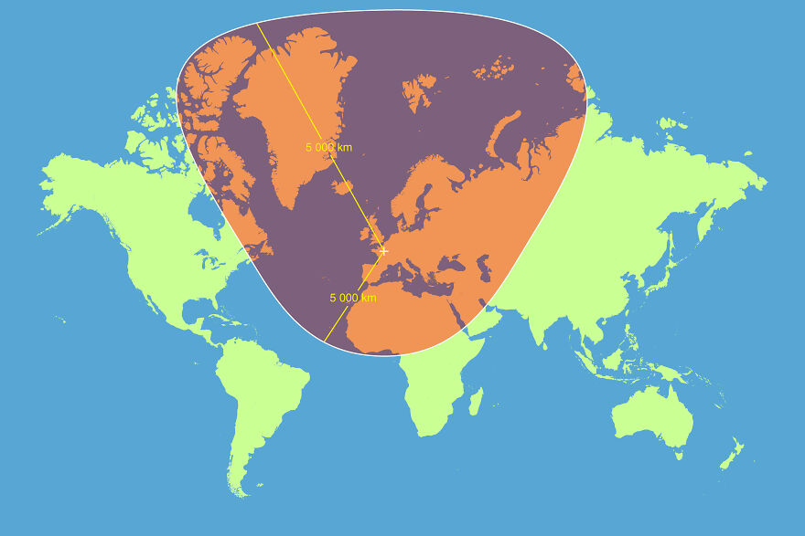 Here Is A Circle Of 5000 Kilometers Radius, With Paris As Center. (According To The Mercator Projection)