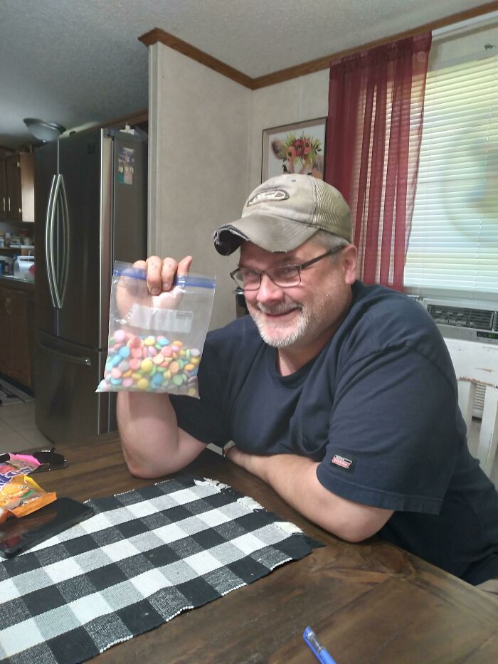 My Dad Carries This Bag Around Filled With Sweet Tarts And Mentos. There's No Way To Tell Which Is Which....he Says It's Like A Scavenger Hunt Trail Mix.