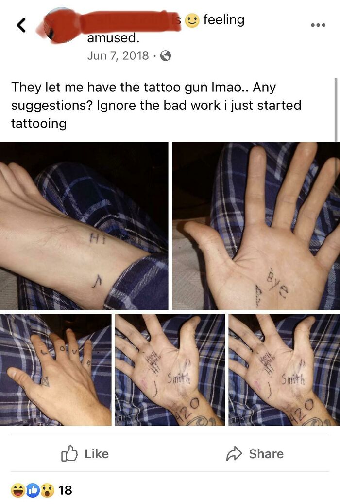 Throwback To When Someone From My Hometown Got A Tattoo Gun And Practiced On Themselves With Real Ink