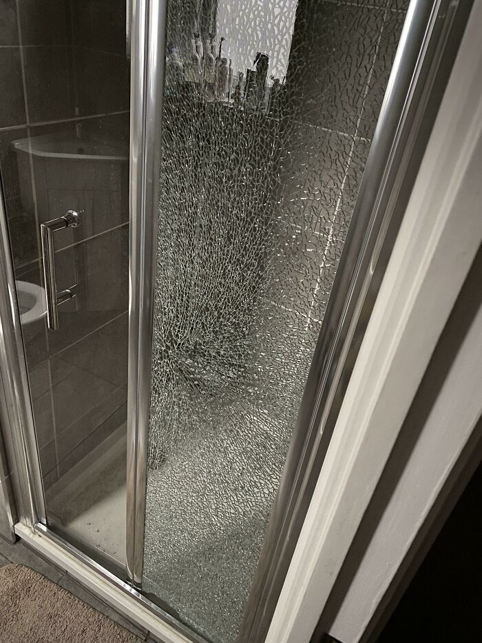 Was Woken Up By A Loud Bang In An Empty House. Turns Out My Shower Door Spontaneously Imploded