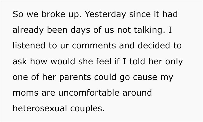 Girlfriend Asks Boyfriend To Show Up At Dinner Hosted By Her Parents With Only One Of His Moms, Guy’s Having None Of It And Breaks Up With Her Girlfriend Asks Boyfriend To Show Up At Dinner Hosted By Her Parents With Only One Of His Moms, Guy’s Having None Of It And Breaks Up With Her