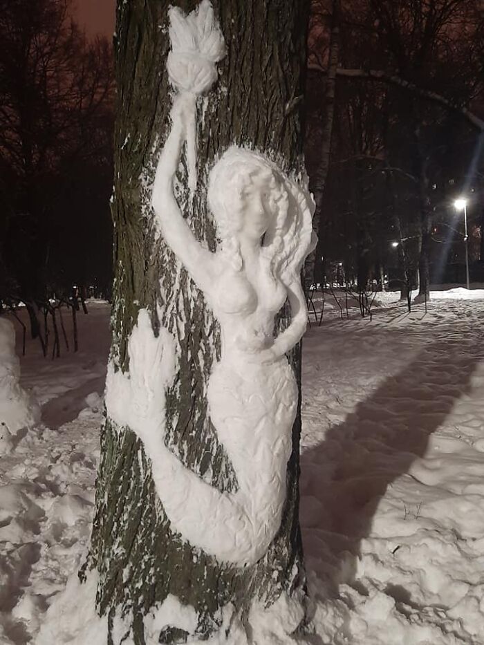 Artist Makes Incredible Snow Sculptures On Tree Trunks
