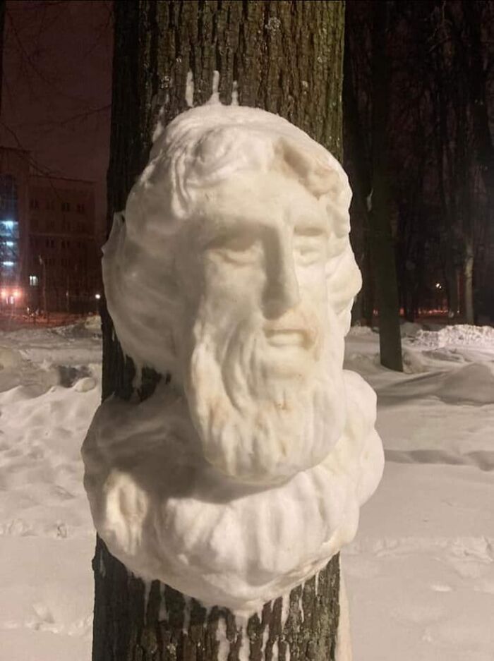 Artist Makes Incredible Snow Sculptures On Tree Trunks