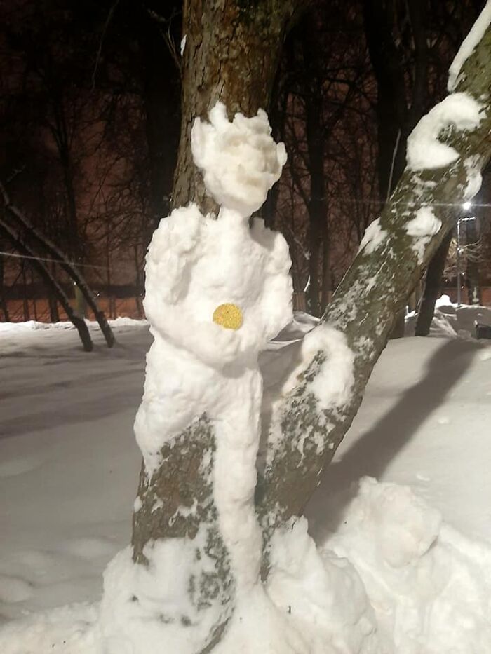 Artist Makes Incredible Snow Sculptures On Tree Trunks