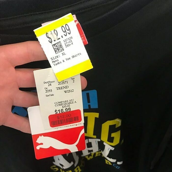 Donated $12.00 Winners Shirt... Value Village Bumps It Up To $12.99 And Leaves The Original Price Tag On For Good Measure... Like A Kick In The Teeth