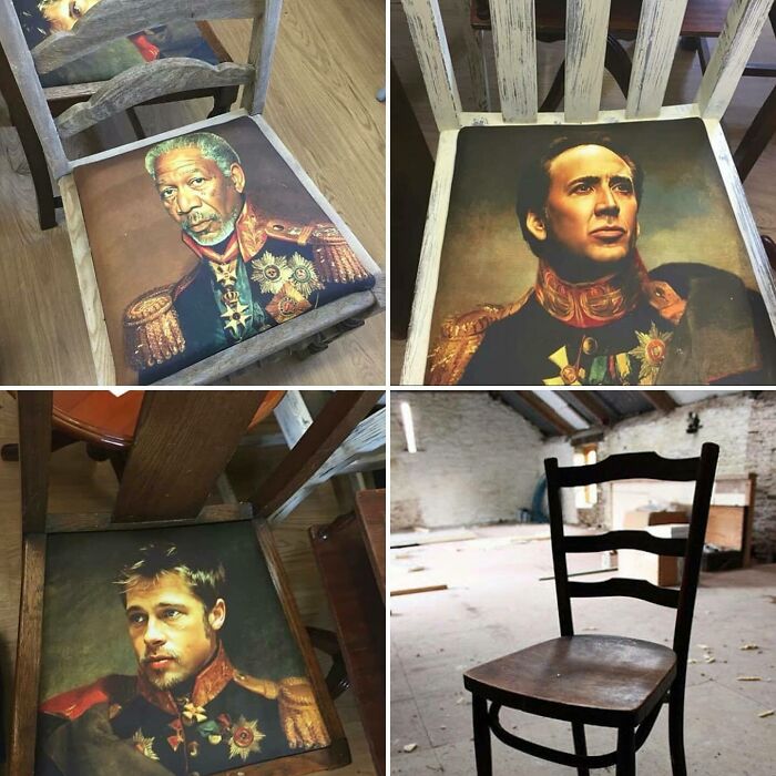 Estas sillas de tiendas de segunda mano tienen cojines con retratos de famosos