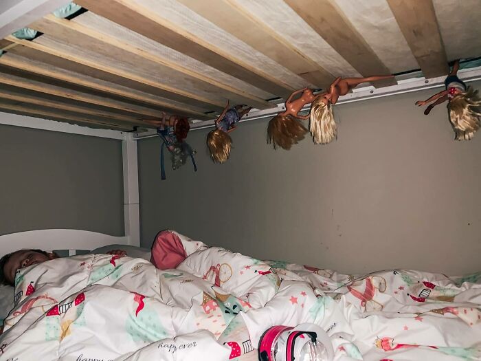 Anyone Else Have Toddlers Who Do Incredibly Creepy Stuff Like Hang Their Barbies By Their Feet In Their Bunk Bed Slats? No, Just Me? Cool