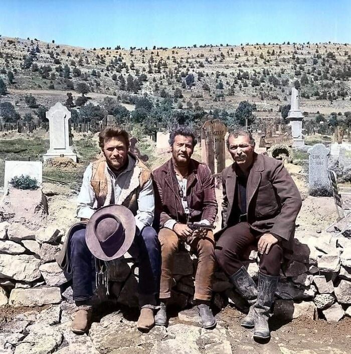 Actors-Clint Eastwood, Eli Wallach And Lee Van Cliff During The Filming Of "The Good, The Bad And The Ugly"