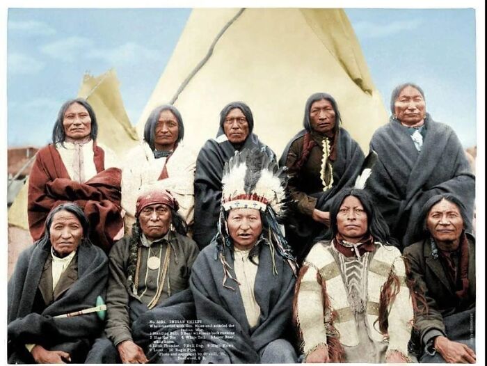 South Dakota 126 Years Ago. Indian Chiefs Who Had Council With General Miles And Settled The Indian War. 1. Standing Bull, 2. Bear Who Stands And Looks Back, 3. Has The Big White Horse, 4. White Tail, 5. Living Bear, 6. Little Thunder, 7. Bull Dog, 8. High Hawk, 9. Lame, 10. Eagle Pipe