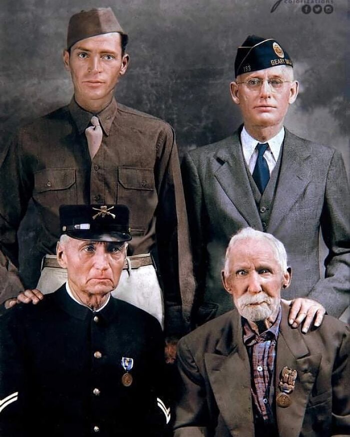 Veteranos estadounidenses que estuvieron en cuatro guerras diferentes y que vivían en la misma ciudad: Geary, Oklahoma. 1940s