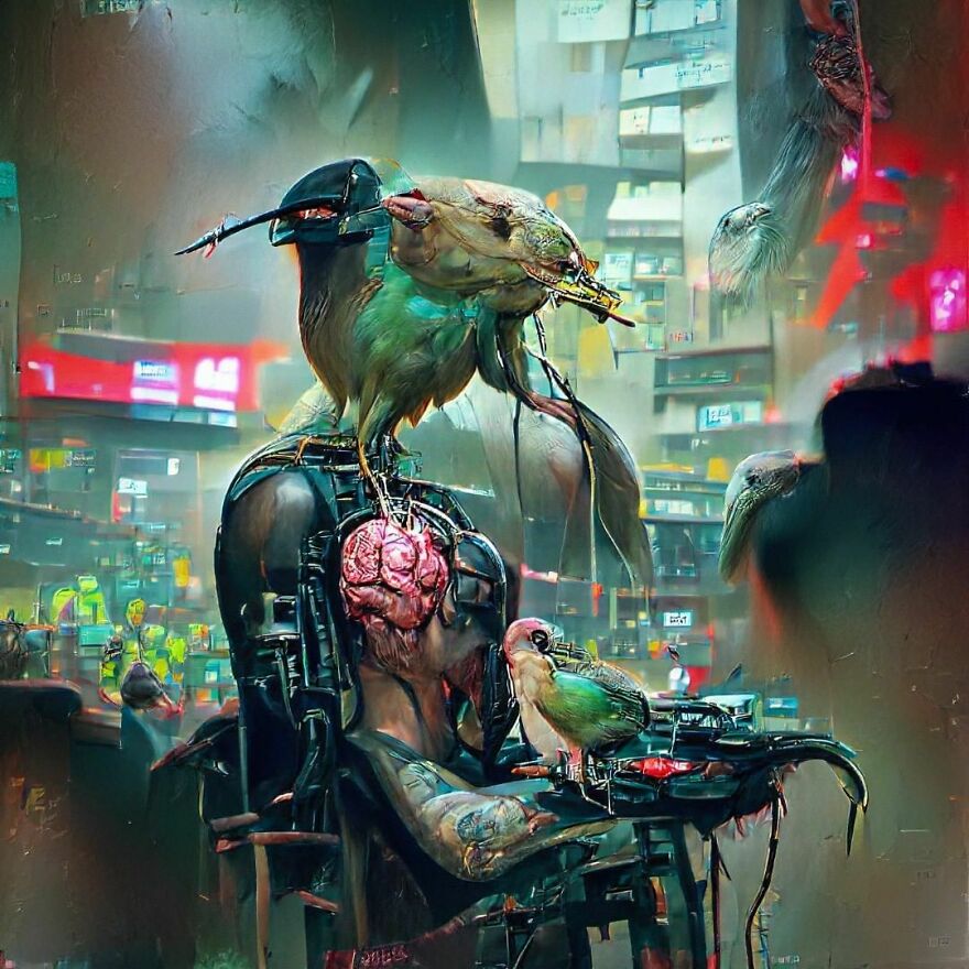 Birds Eating Cyberpunk Brain