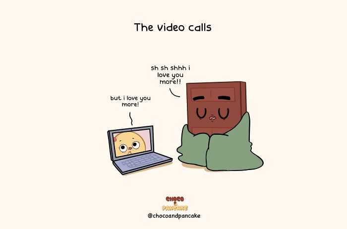 Cartoon laptop and chocolate bar having a cute video call about love in a long-distance relationship.