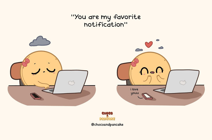 Cute illustration of a long-distance relationship showing two characters expressing love through laptops and phones.