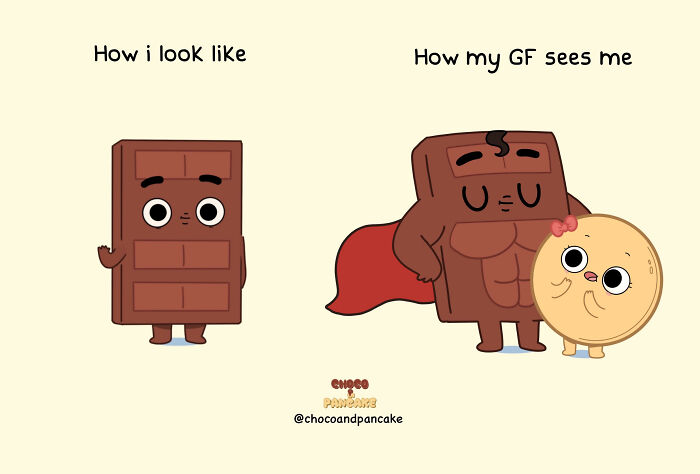 Cartoon chocolate bar and cookie depicting a humorous long-distance relationship perspective.