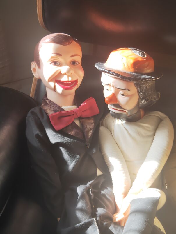 These Ventriloquist Dummies In My Living Room. I Admit The Clown One Is Now In A Bag In The Closet Because It's Just Too Much, Even For Me. In