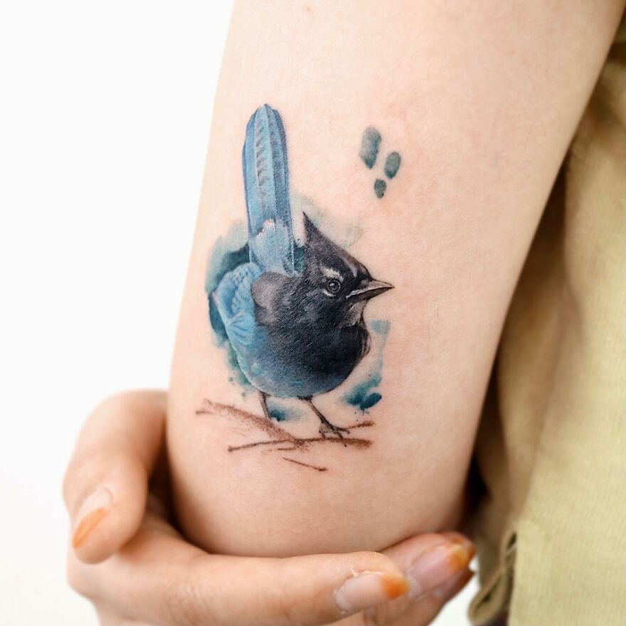 A bird tattoo painted in a realistic style on an arm, showcasing the artist's painting-like tattoo technique.