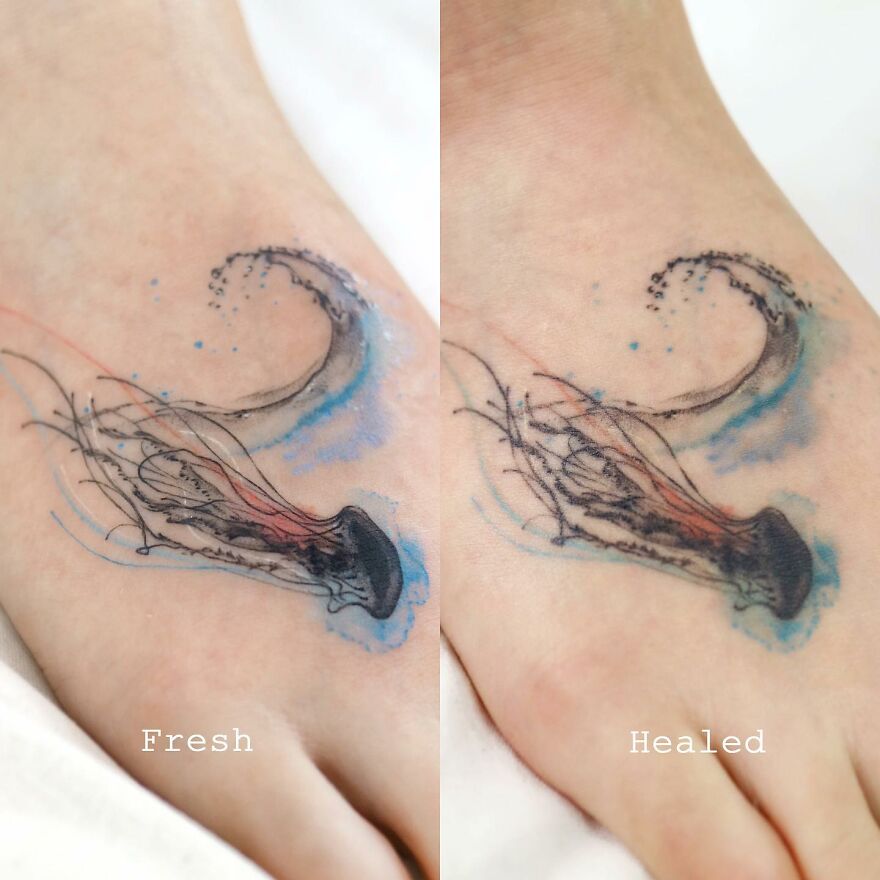 Fresh and healed painting-like tattoo of a jellyfish on foot, showcasing artistic detail and color transition.
