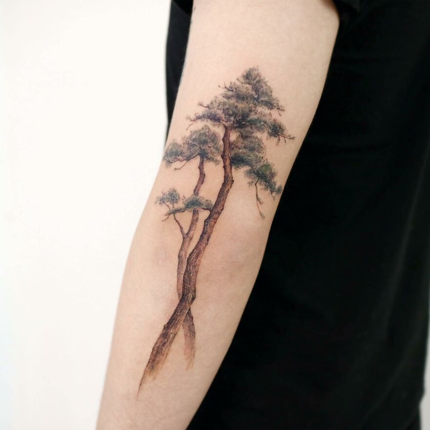 Painting-like tattoo of a tree on an arm, showcasing detailed artistry in tattoo design.