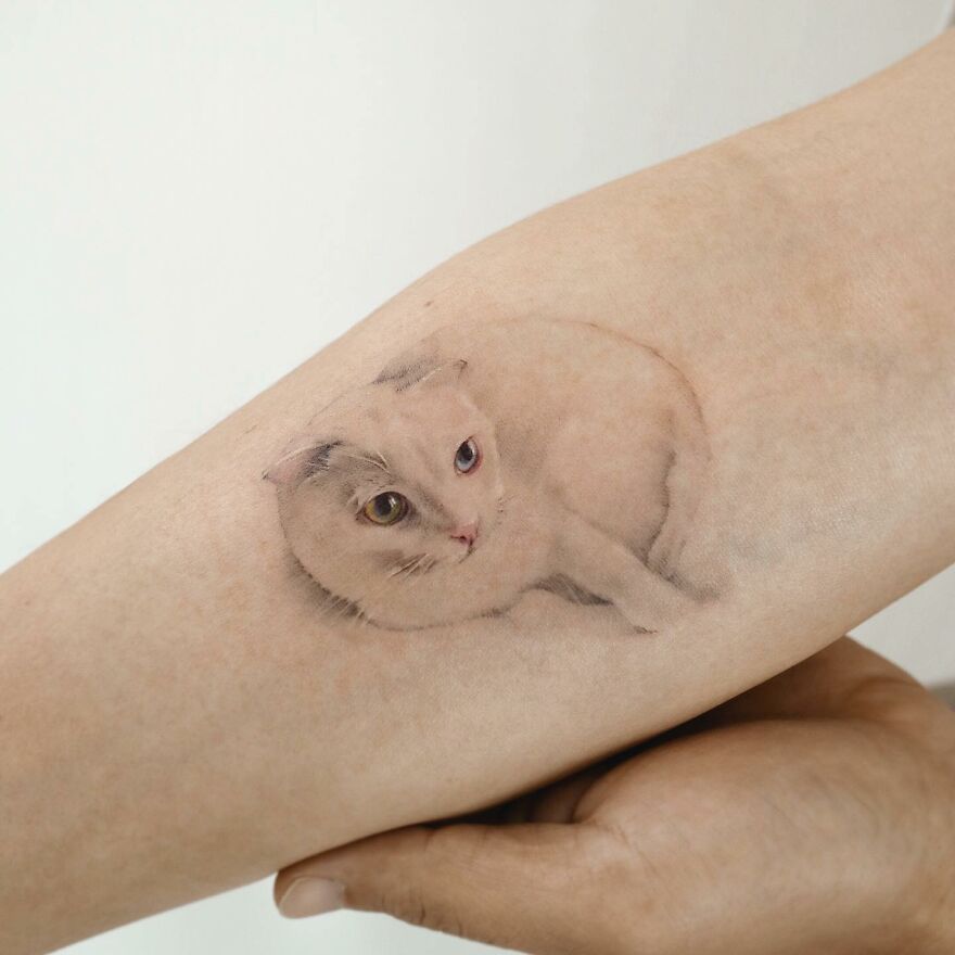 Painting-like tattoo of a realistic cat on a person's arm.