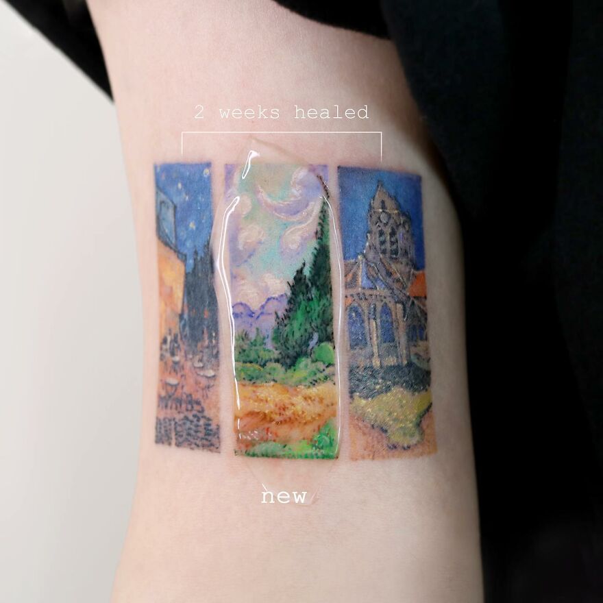 Painting-like tattoo featuring landscapes with new and healed sections.