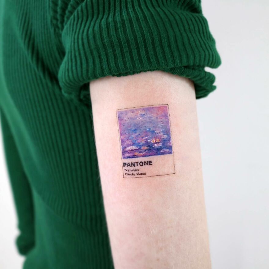 Tattoo on arm featuring a Claude Monet-inspired painting with a Pantone theme, resembling a small painting.