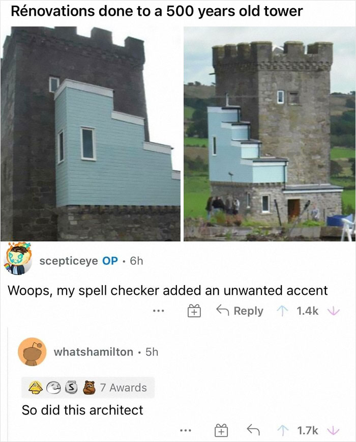 Well This Was A Lot Of Fun To Watch On Reddit. When I Saw The Original Post I Thought To Myself What’s Worse The Renovation Of The Tower Or How The Word Renovation Was Spelled. Comments Section Was Funnier Than I Was On This Day. #diwhy #renovations #disaster #ruined #baddesign #crappydesign