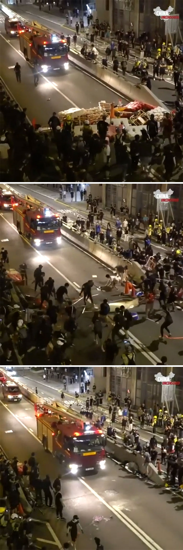 Hong Kong Protesters Completely Dismantle A Road Barricade In 22 Seconds So As To Let The Fire Truck To Access