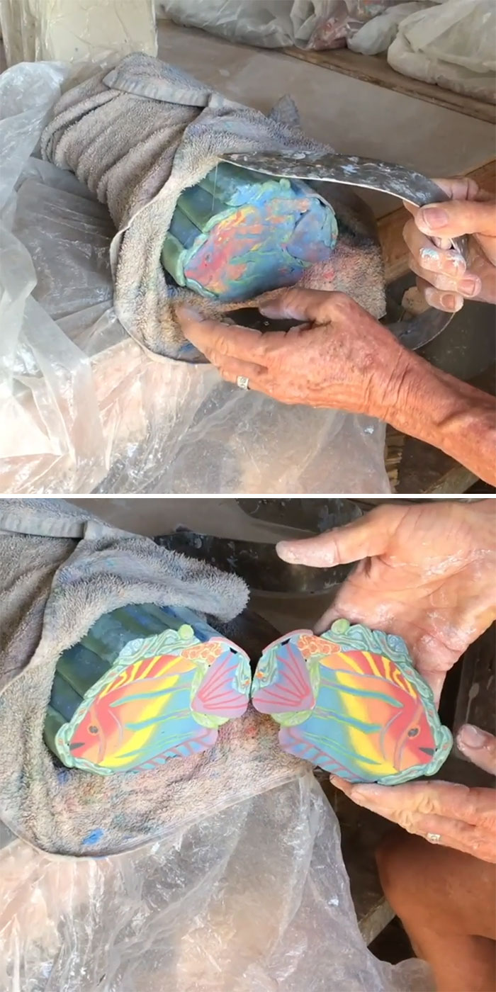 Cutting Through Clay With A Wire To Reveal Art