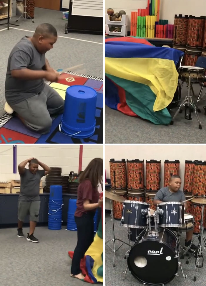 Teacher Surprises Young Boy With A New Drum Set