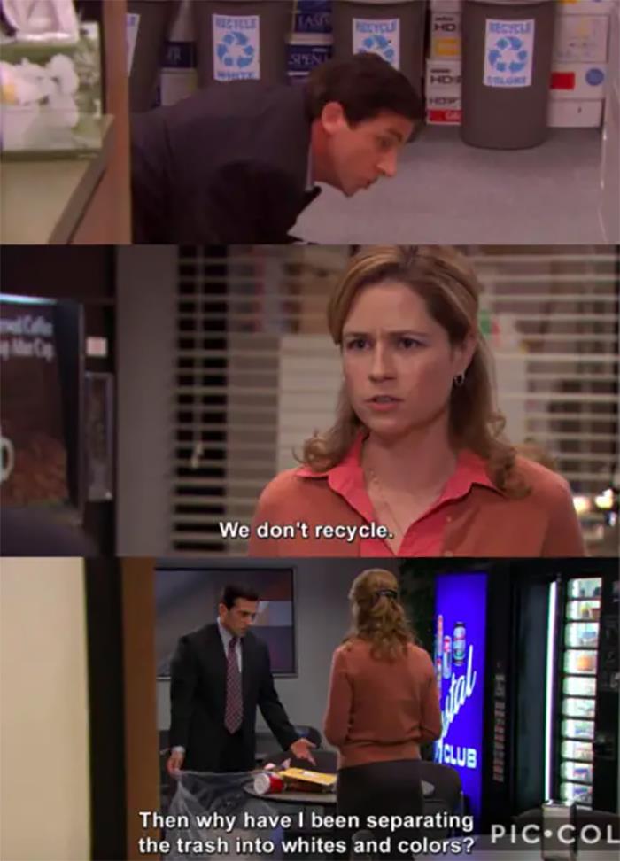 Michael Says That He Is Separating The Trash Into "Whites And Colors" For Recycling. In An Earlier Season, You Can See That Dunder Mifflin Scranton Has Different Recycling Bins For Whites And Colors