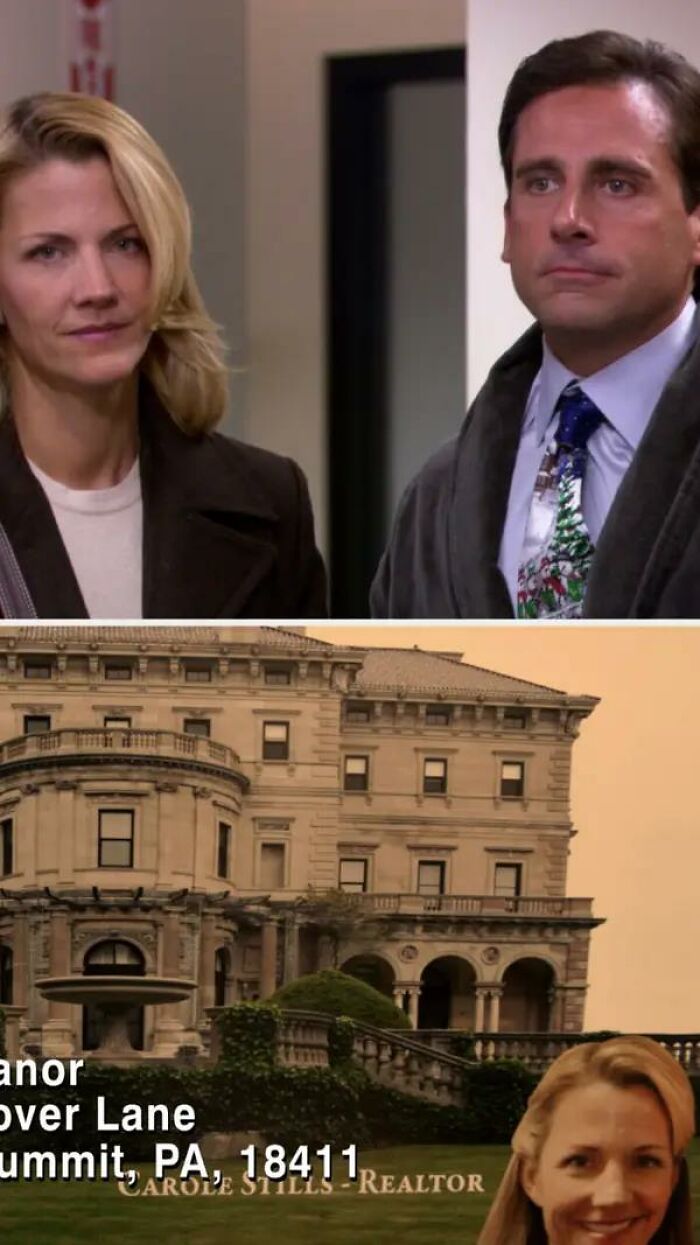Michael's Girlfriend Carol — Who Breaks Up With Him Because He Photoshops Himself Into Pictures Of Her Family — Has A Tiny Cameo In Threat Level Midnight. She's The Realtor Of The Real-Life House Michael Scarn Lives In