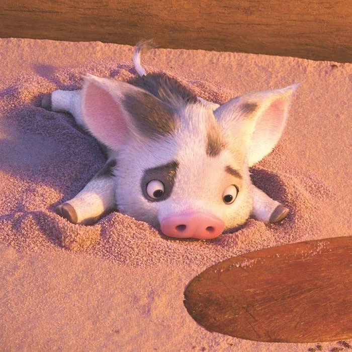 Cute animated character of a piglet happily buried in sand, peeking out with wide eyes.