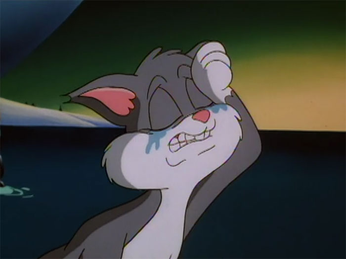 Cute animated character with tears, looking distressed against a twilight sky.