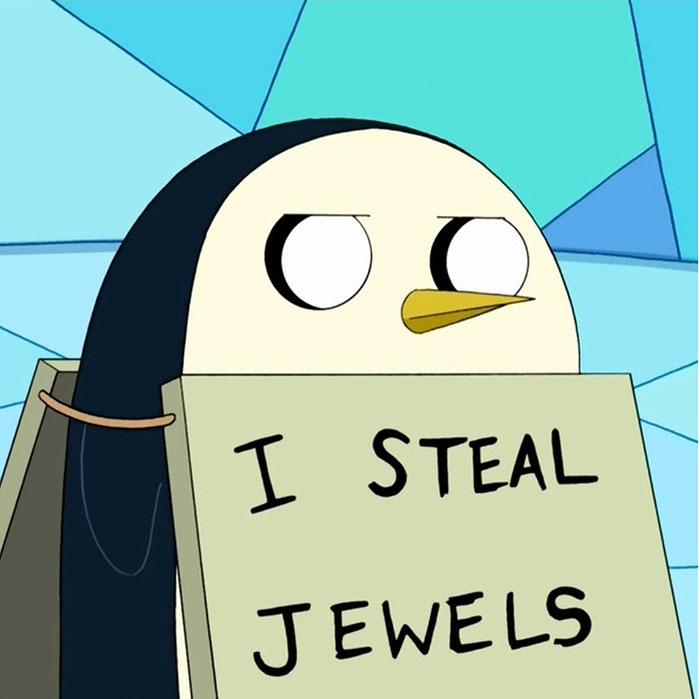 Cute animated character with a sign reading "I steal jewels," set against a blue background.
