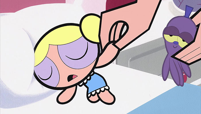 Adorable animated character with blonde hair being held gently, dressed in blue, accompanied by a small purple creature.