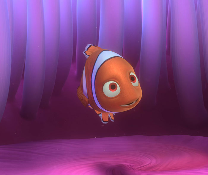 Cute animated character, a small clownfish with big eyes, swimming in a colorful underwater scene.