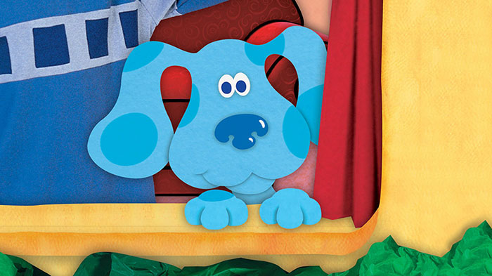 Cute animated character Blue dog peeking from behind a window curtain.