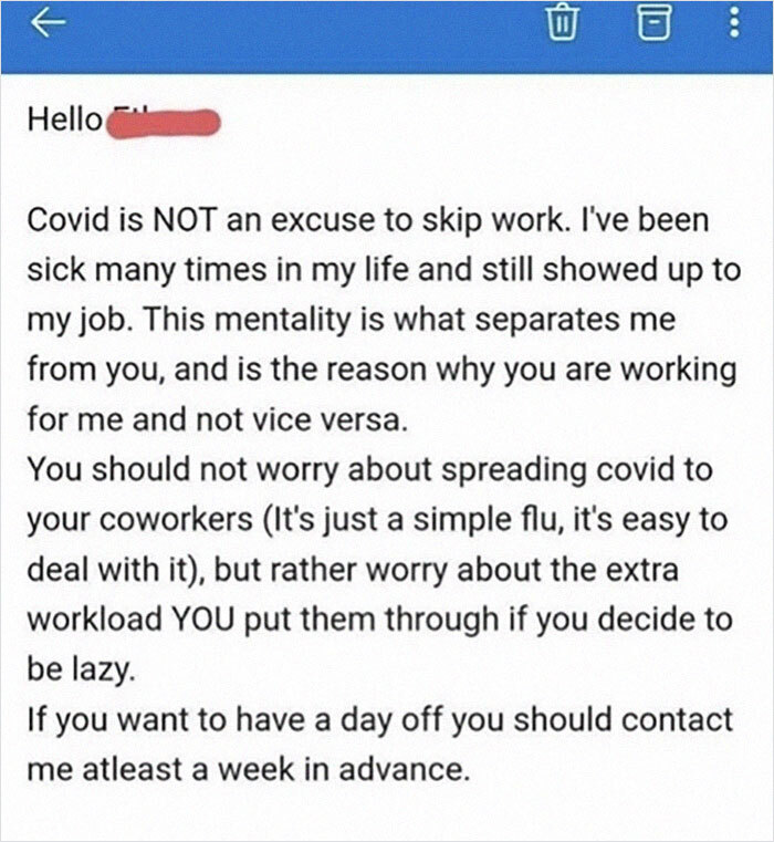Delusional Boss Threatens To Fire Employees If They Don't Come To Work When Having Covid-19, People Are Roasting Him Hard Delusional Boss Threatens To Fire Employees If They Don't Come To Work When Having Covid-19, People Are Roasting Him Hard