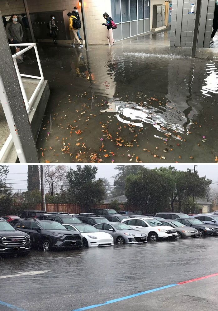 The Storm Flooded The School Hallways And The Staff Parking Lot