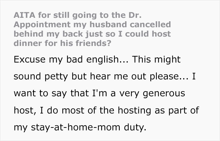 Entitled Husband Cancels Wife's Urgent Doctor's Appointment Because "He Needs Her So She Could Host Dinner For His Friends"