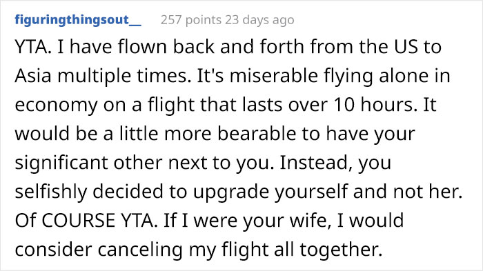 "She Thinks I Chose Business Class Over Her": Wife Is Upset After Husband Upgrades Only His Ticket For Their 12-Hour Flight