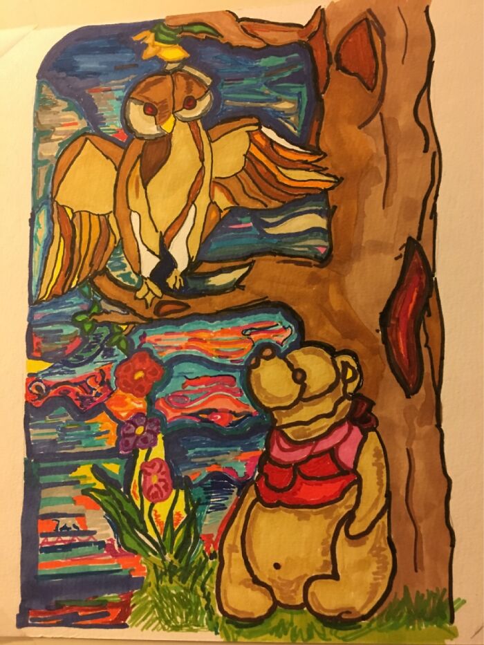 My ‘Winnie The Poo & Wise Owl’ Color Marker Drawing
